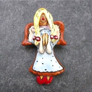 Heather Golmine. Signed Handmade Glazed  Ceramic Angel Brooch.